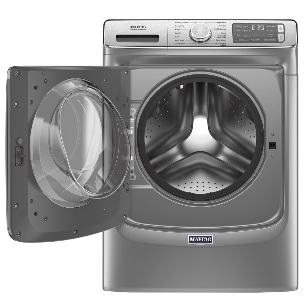 Maytag 5 Cu. Ft. Front Load Washer and 7.3 Cu. Ft. Gas Dryer Laundry Pair with Pedestal in Metallic Slate, , large