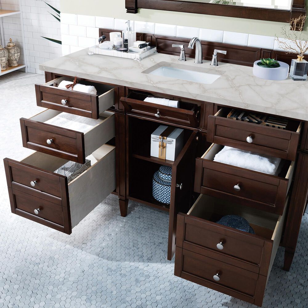 James Martin Vanities Brittany 60" Single Bathroom Vanity in Burnished Mahogany with 3 cm Eternal Jasmine Pearl Silestone Top, Rectangular Sink and FreePower Wireless Charger, , large