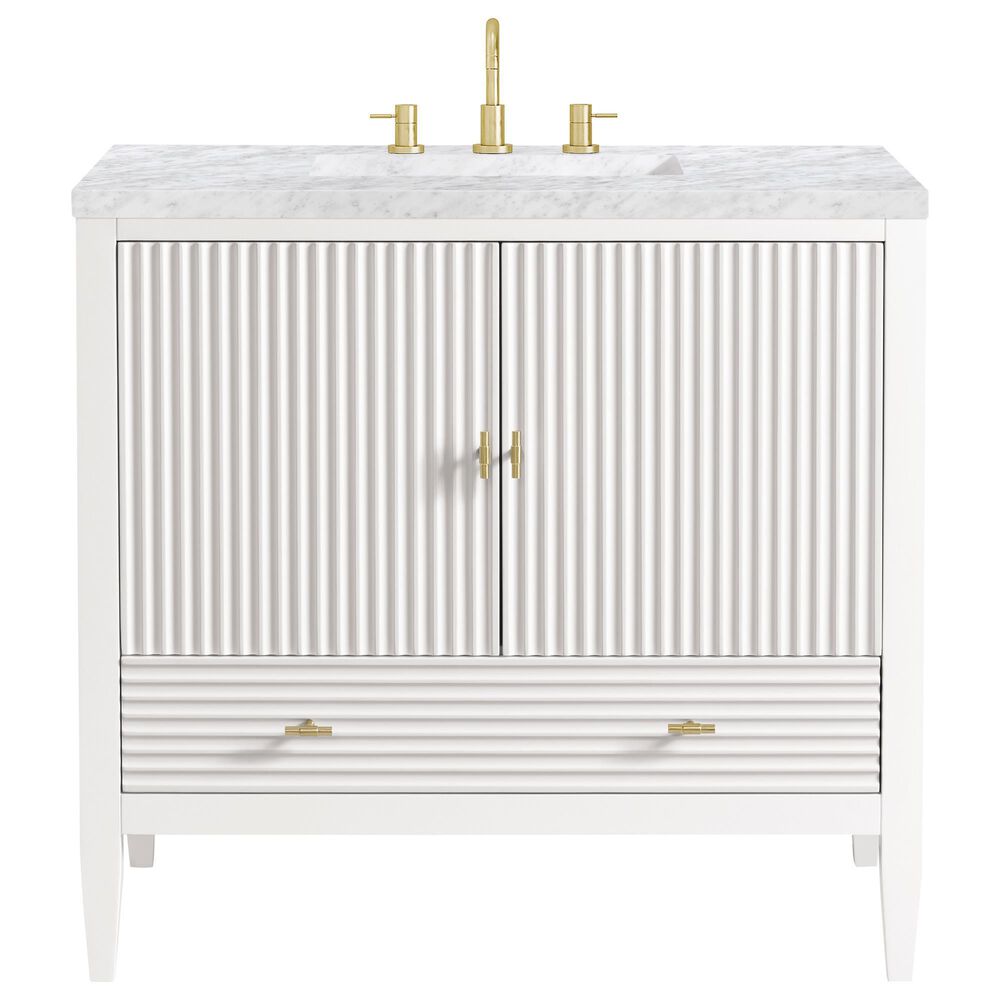 James Martin Vanities Myrrin 36&quot; Vanity in Bright White with 3 cm Carrara White Marble Top, , large