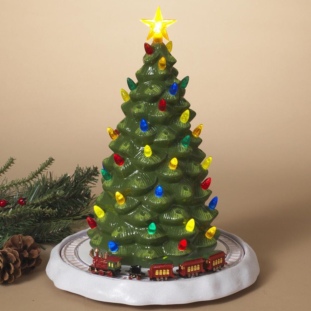 The Gerson Company Electric Lighted Musical Ceramic Christmas Tree with Moving Train in Green, , large