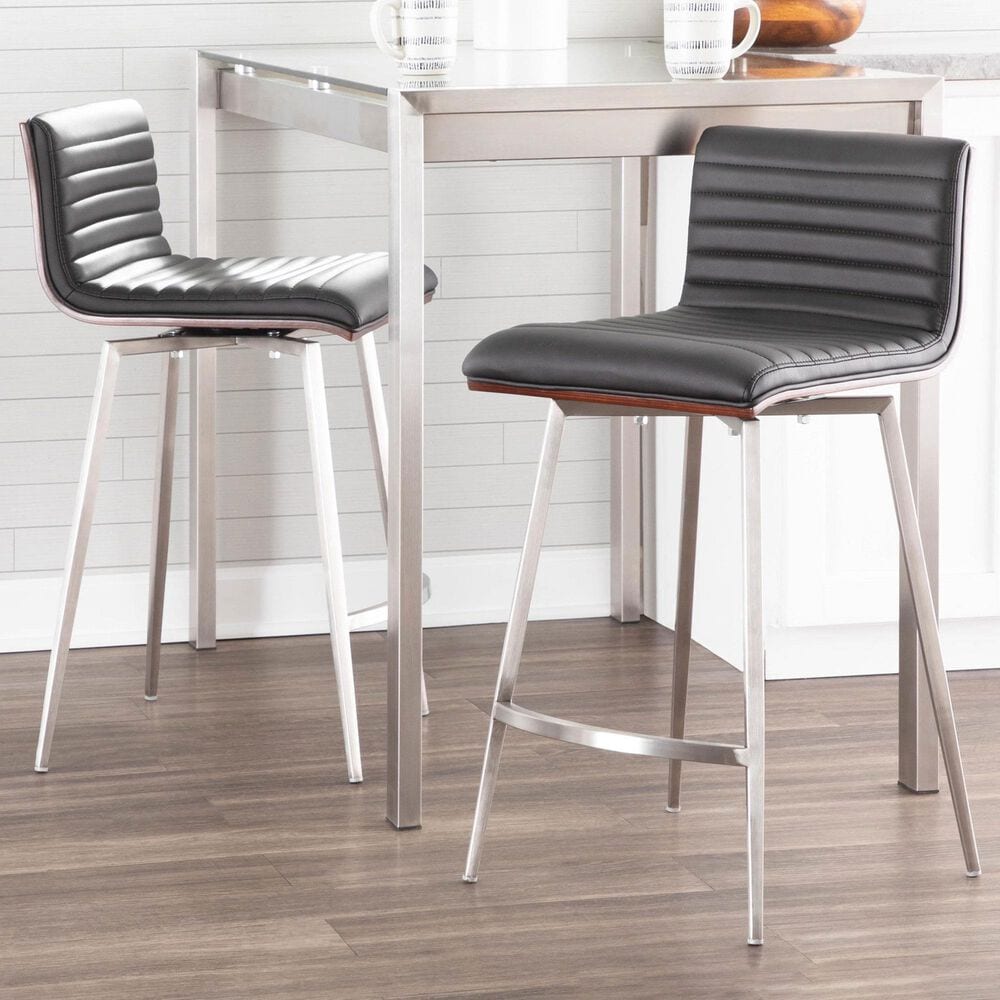 Lumisource Mason Swivel Counter Stool with Black Cushion in Stainless Steel and Walnut &#40;Set of 2&#41;, , large