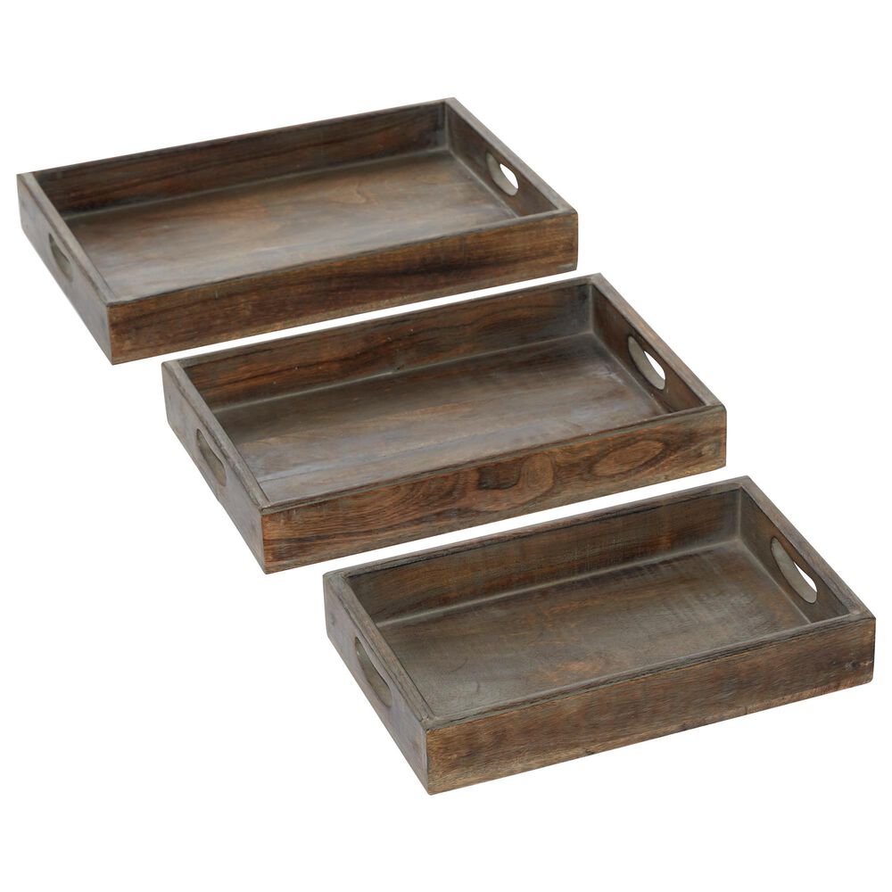 Maple and Jade Farmhouse Wood Trays in Brown (Set of 3), , large
