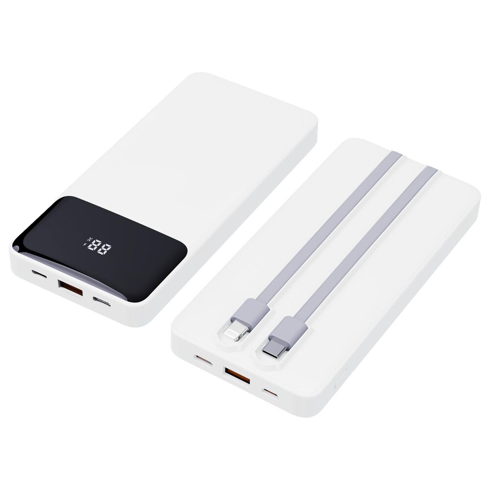POM Gear PD 10,000Mah Portable Battery with Built-In Type C and Lighting Cables in White, , large