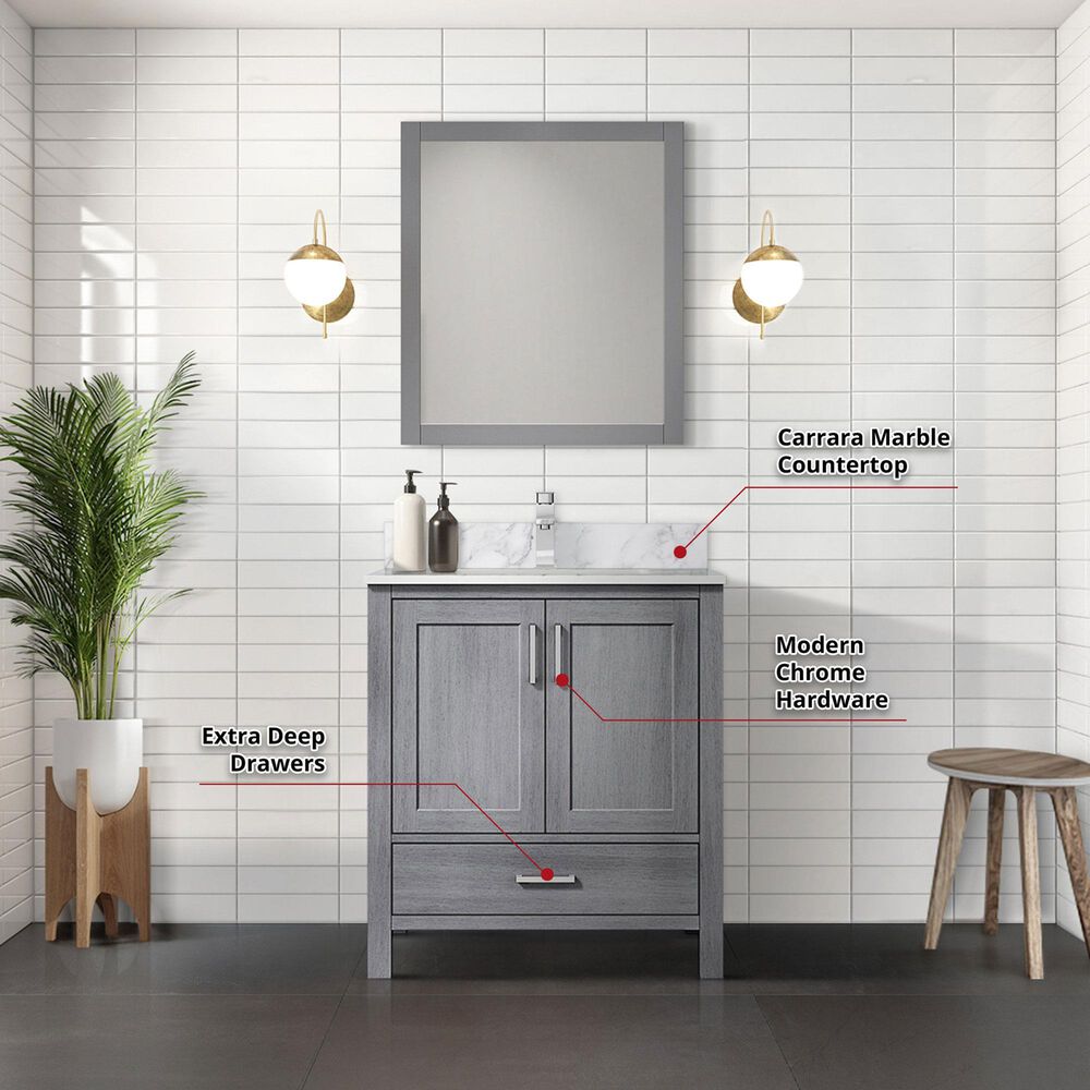 Lexora Home Jacques 30&quot; Single Bathroom Vanity in Distressed Grey with 2 cm White Carrara Marble Top and Rectangular Sink, , large