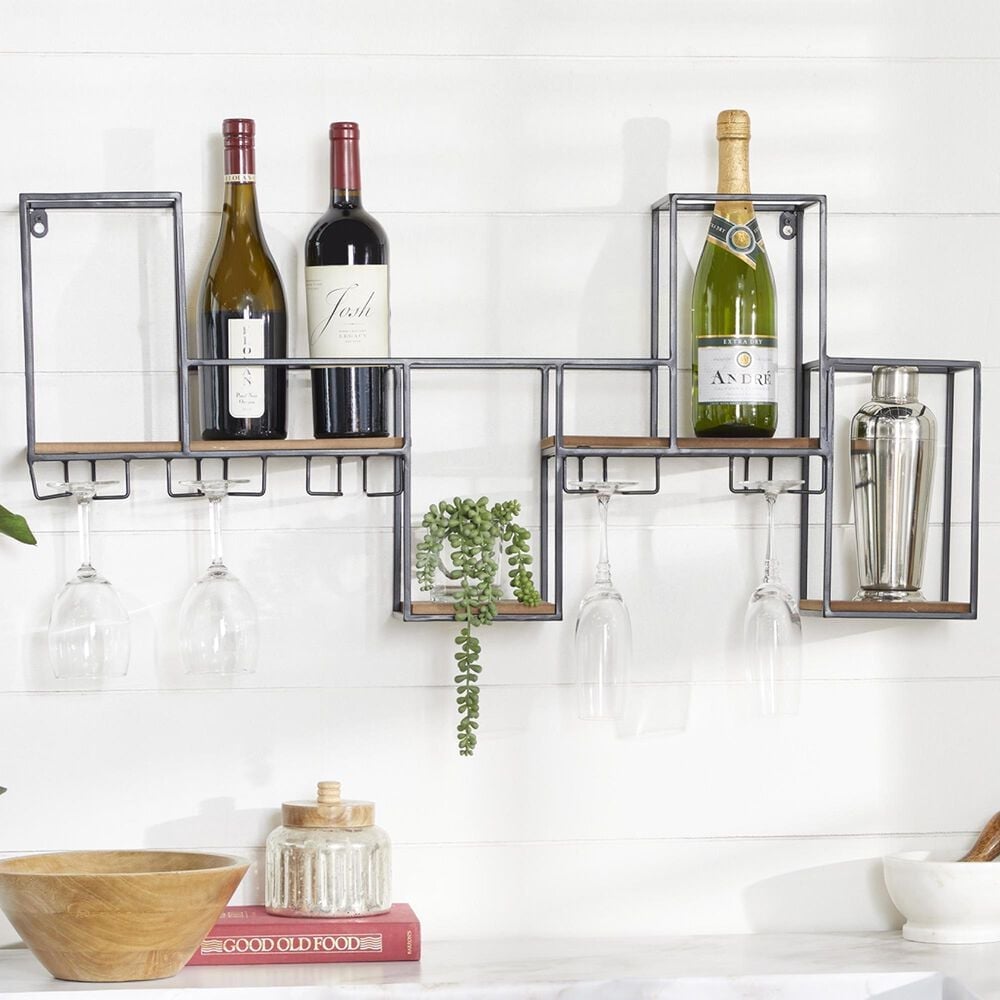 Maple and Jade 7-Bottle Display Wall Wine Rack in Matte Black and Brown, , large