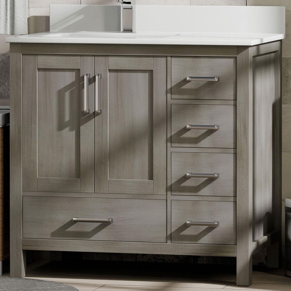 Lexora Home Jacques 36" Left Offset Single Bathroom Vanity in Distressed Grey with 2 cm White Quartz Top and Rectangular Sink, , large