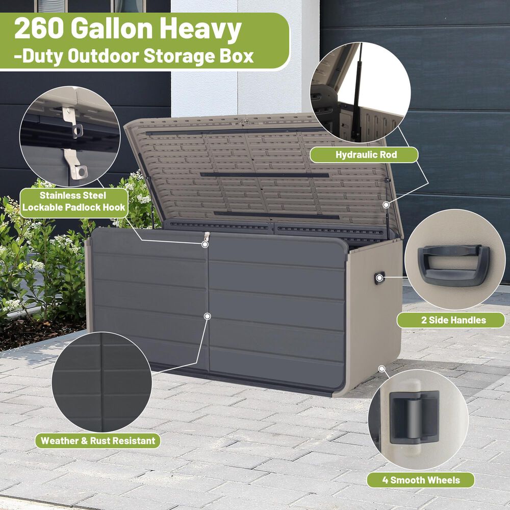 HOMLUX 260 Gal. Outdoor Storage Deck Box with Lock and Wheels in Gray, , large