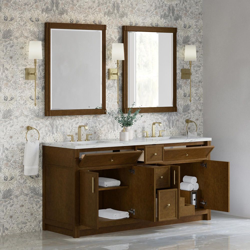 James Martin Bellshire 72" Double Bathroom Vanity in Honey Oak with 3 cm Ethereal Noctis Silestone Top and Rectangular Sinks, , large
