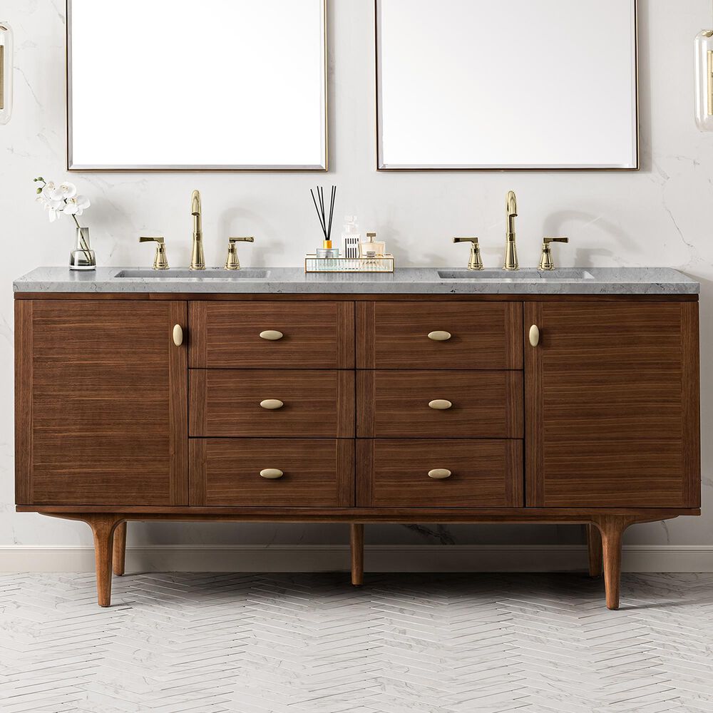 James Martin Vanities Amberly 72&quot; Double Bathroom Vanity in Walnut with 3 cm Eternal Jasmine Pearl Quartz Top and Rectangular Sinks, , large
