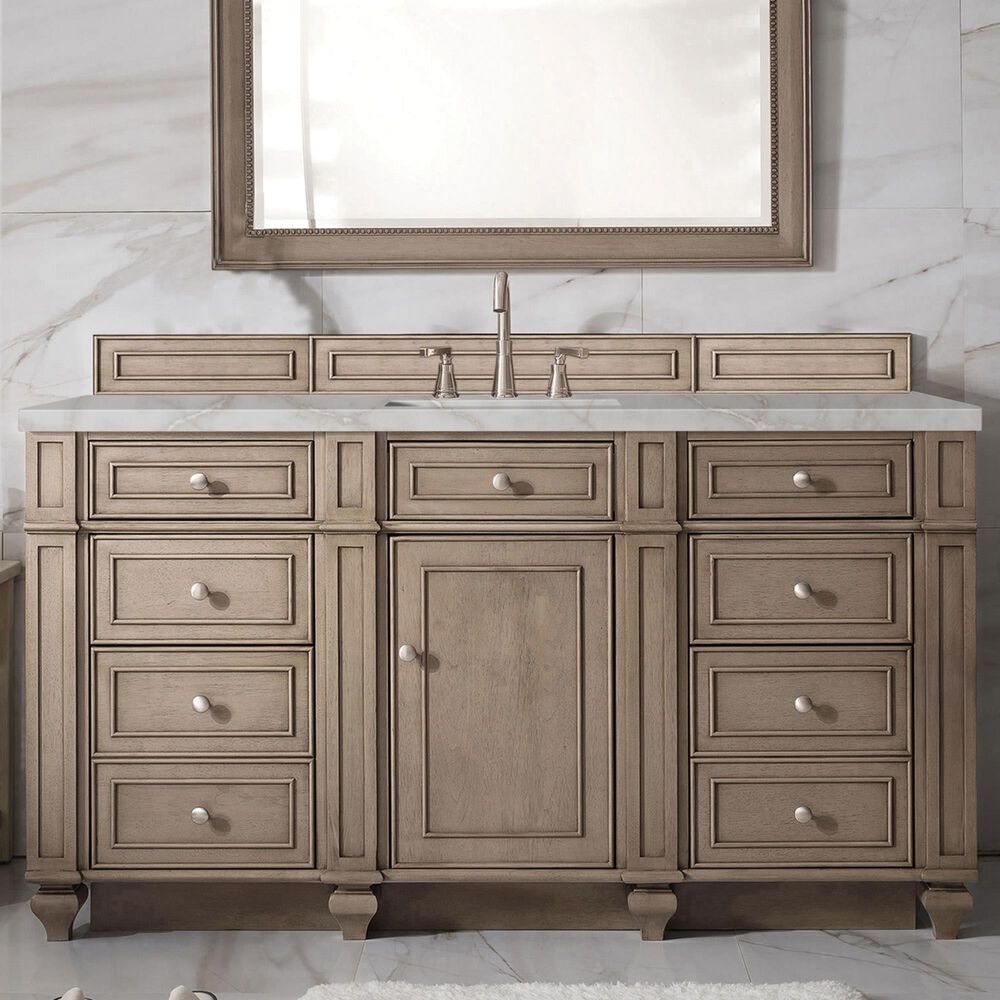 James Martin Vanities Bristol 60&quot; Single Bathroom Vanity in Whitewashed Walnut with 3 cm Victorian Silver Quartz Top and Rectangular Sink, , large