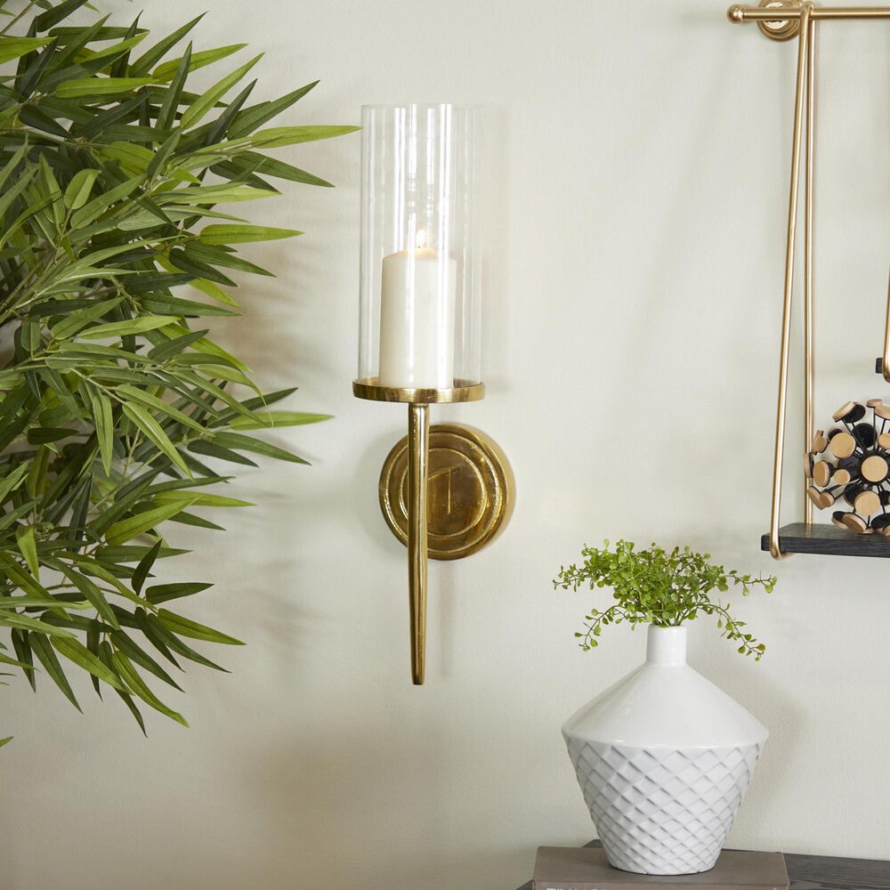 Maple and Jade 23&quot; Single Indoor/Outdoor Wall Mount Candle Holder in Polished Gold and Clear, , large