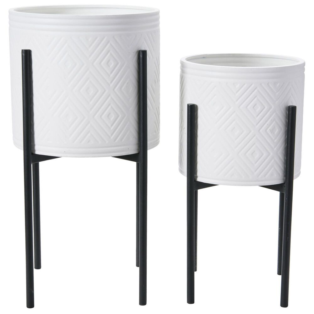 Creative Coop 2-Piece Modern Boho Embossed Metal Planter with Stand Set in White and Black, , large