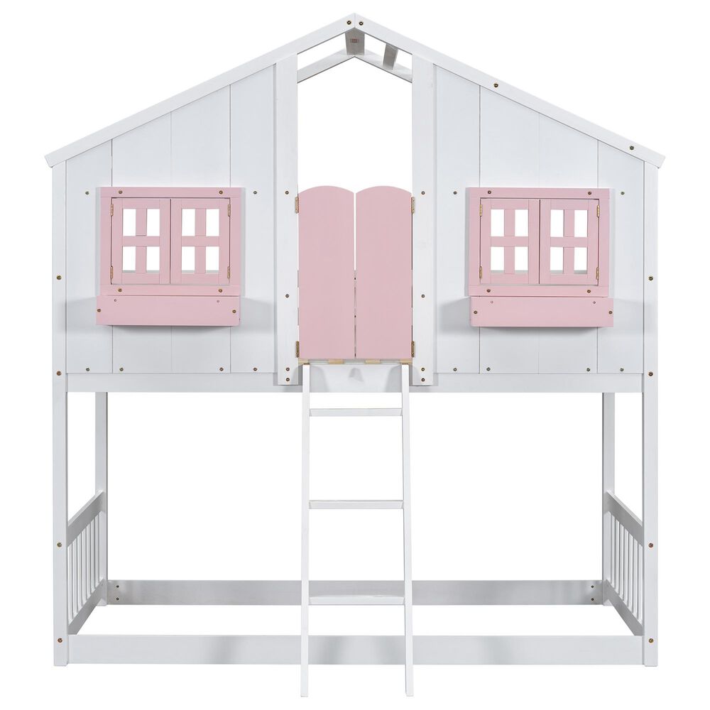 Hearth and Haven Twin over Twin House Bunk Bed with Roof in Pink and White, , large