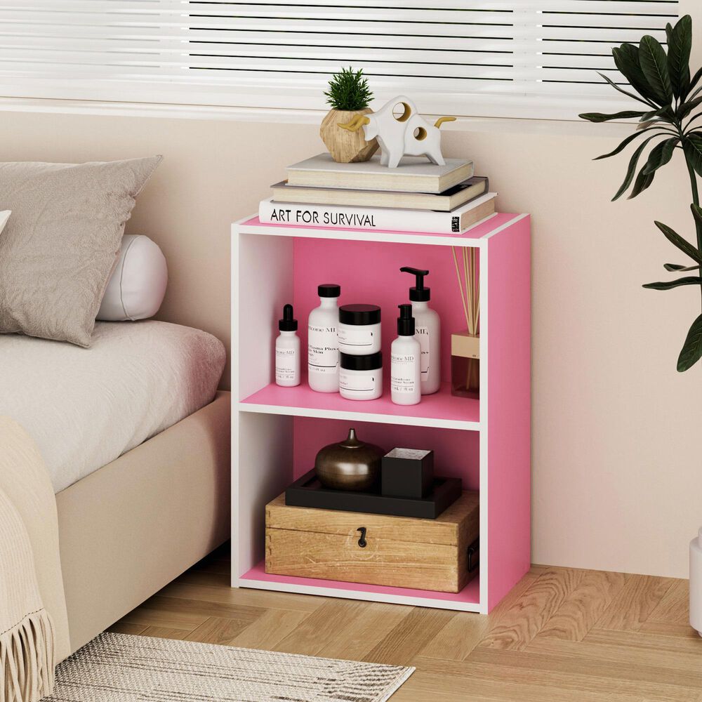 HOMLUX 2-Tier Cube Compact Storage Shelf Organizer Bookcase in Pink and White, , large