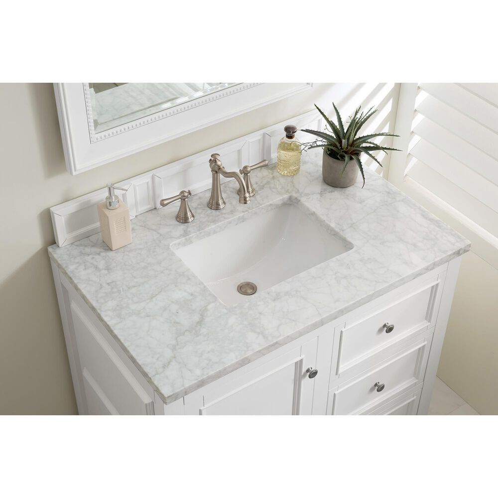 James Martin Vanities De Soto 36" Single Bathroom Vanity in Bright White with 3 cm Carrara White Marble Top and Rectangular Sink, , large