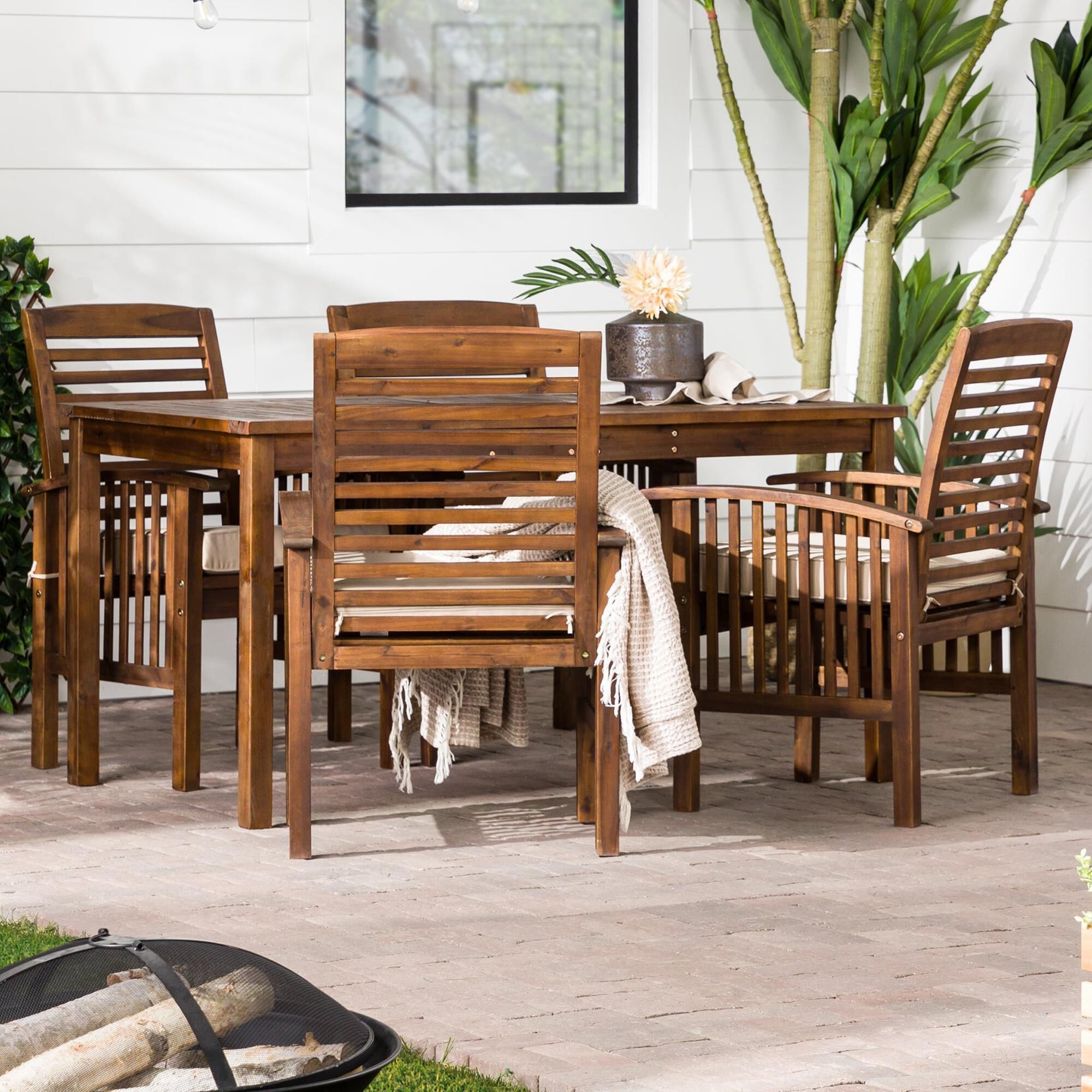 Walker Edison 5 Piece Slat Top Patio Dining Set in Dark Brown NFM