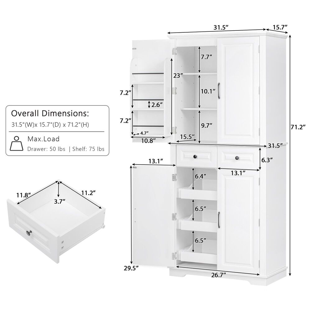 HOMLUX HOMLUX 71" Tall Kitchen Pantry Cabinet with 3 Pull Out Cabinet Organizers, Farmhouse Embossed Texture Storage Cabinet with 6 Door Shelves, 2 Drawers, Freestanding Cupboard for Kitchen, Dining Room White, , large