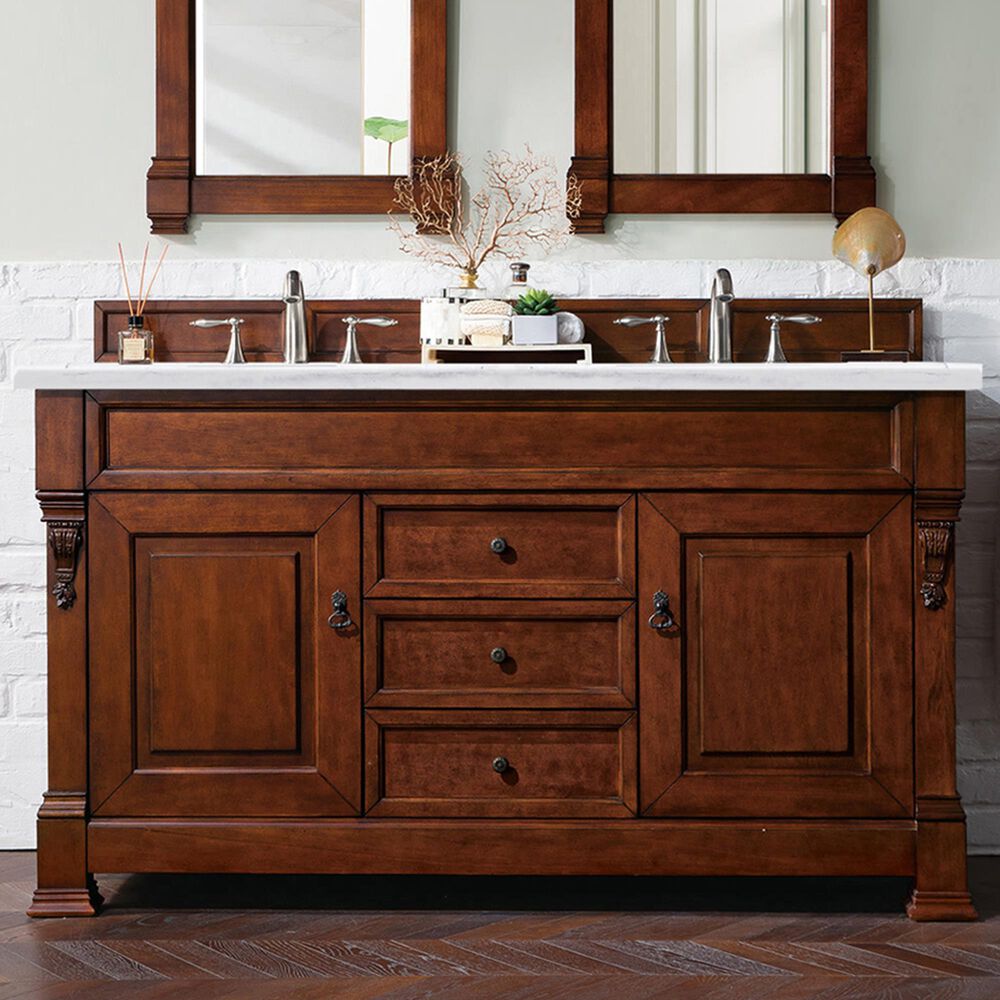 James Martin Vanities Brookfield 60&quot; Double Bathroom Vanity in Warm Cherry with 3 cm Arctic Fall Solid Surface Top and Rectangle Sinks, , large