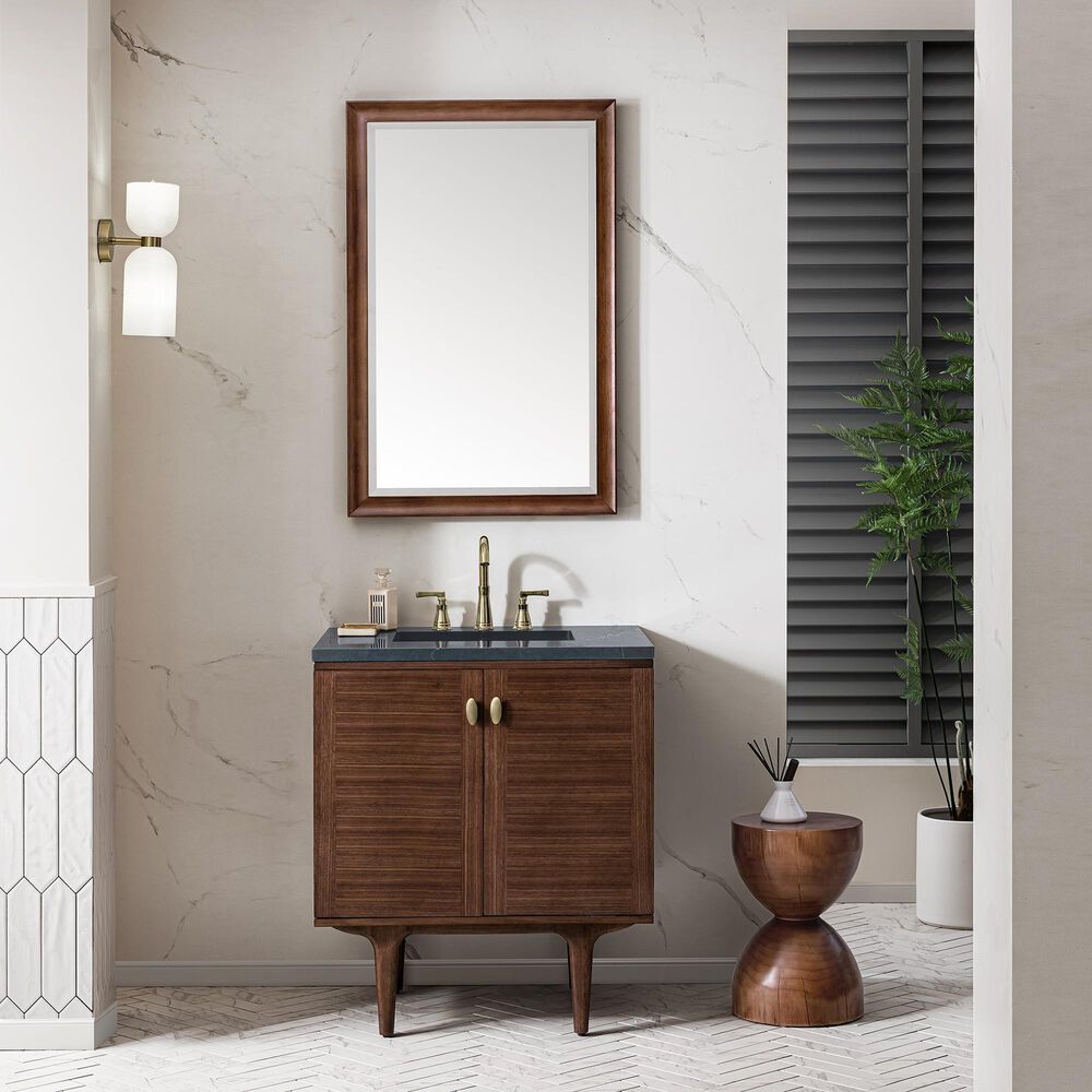 James Martin Vanities Amberly 30&quot; Single Bathroom Vanity in Walnut with 3 cm Charcoal Soapstone Quartz Top and Rectangular Sink, , large