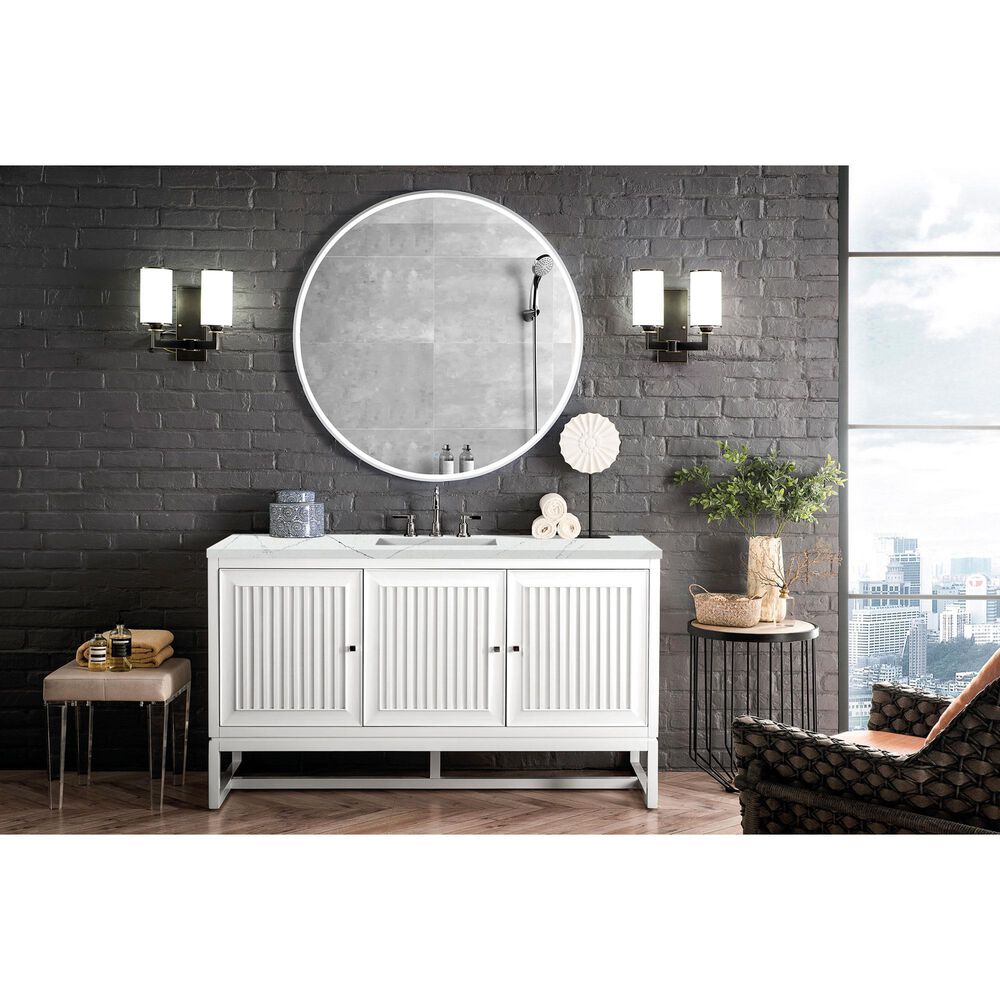 James Martin Vanities Athens 60&quot; Single Bathroom Vanity in Glossy White with 3 cm Ethereal Noctis Quartz Top and Rectangular Sink, , large
