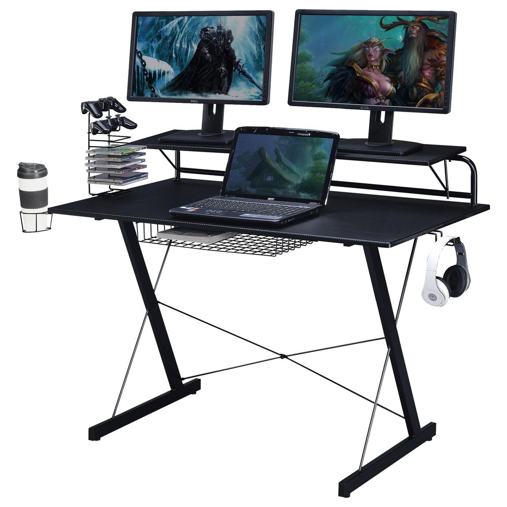 Rta Products Llc Carbon Computer Gaming Desk with Shelving in Black, , large