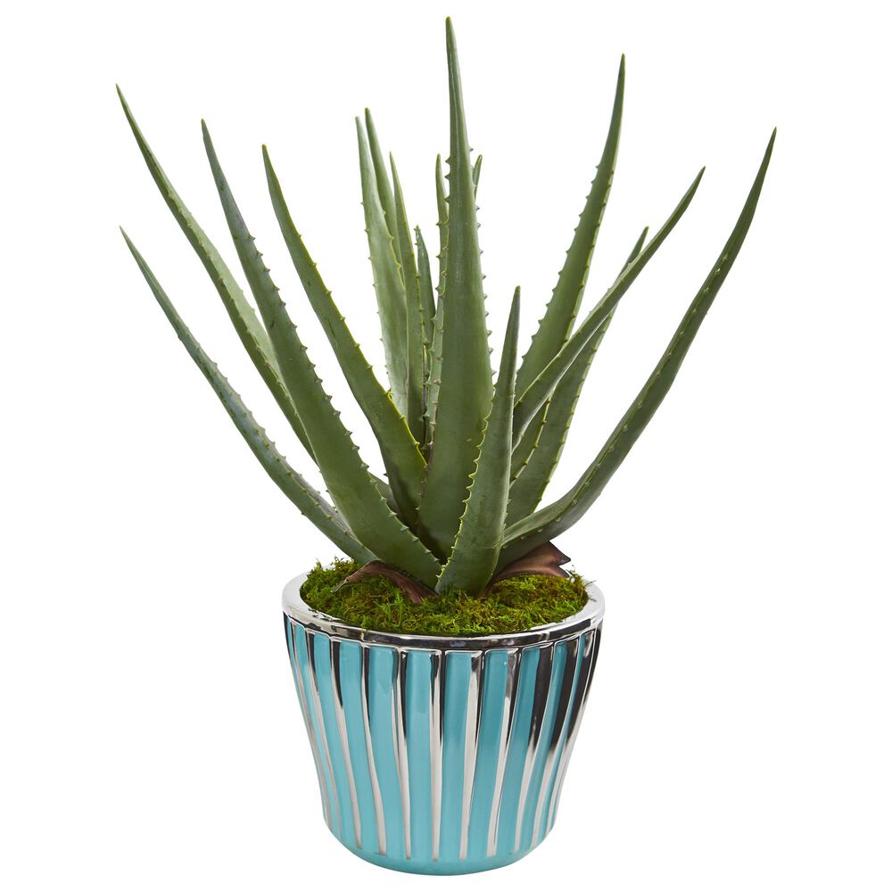 Nearly Natural Inc 18" Aloe Artificial Plant in a Turquoise Planter, , large