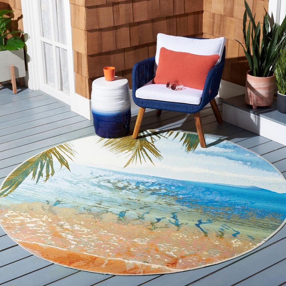 Safavieh Barbados Tropical Beach 6&#39;6&quot; Round Gold and Blue Indoor/Outdoor Area Rug, , large