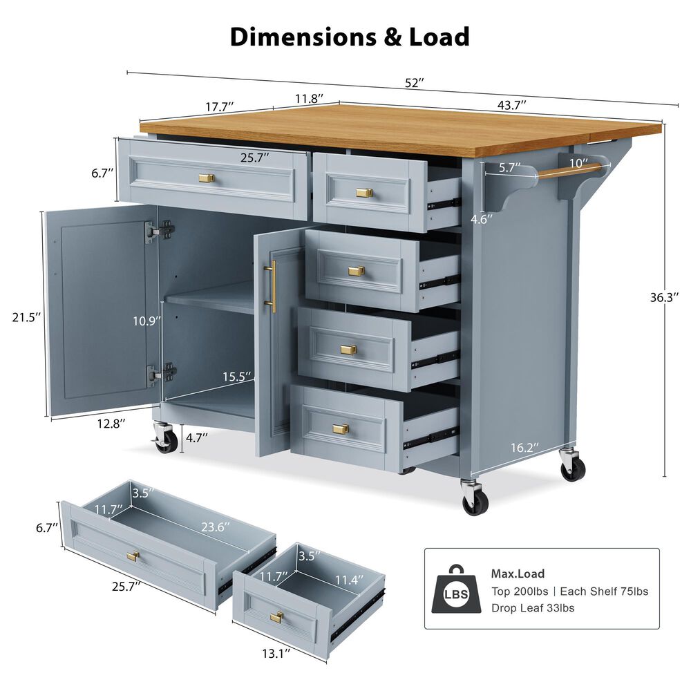 HOMLUX 52'' Kitchen Island with Drop Leaf in Blue Grey, , large