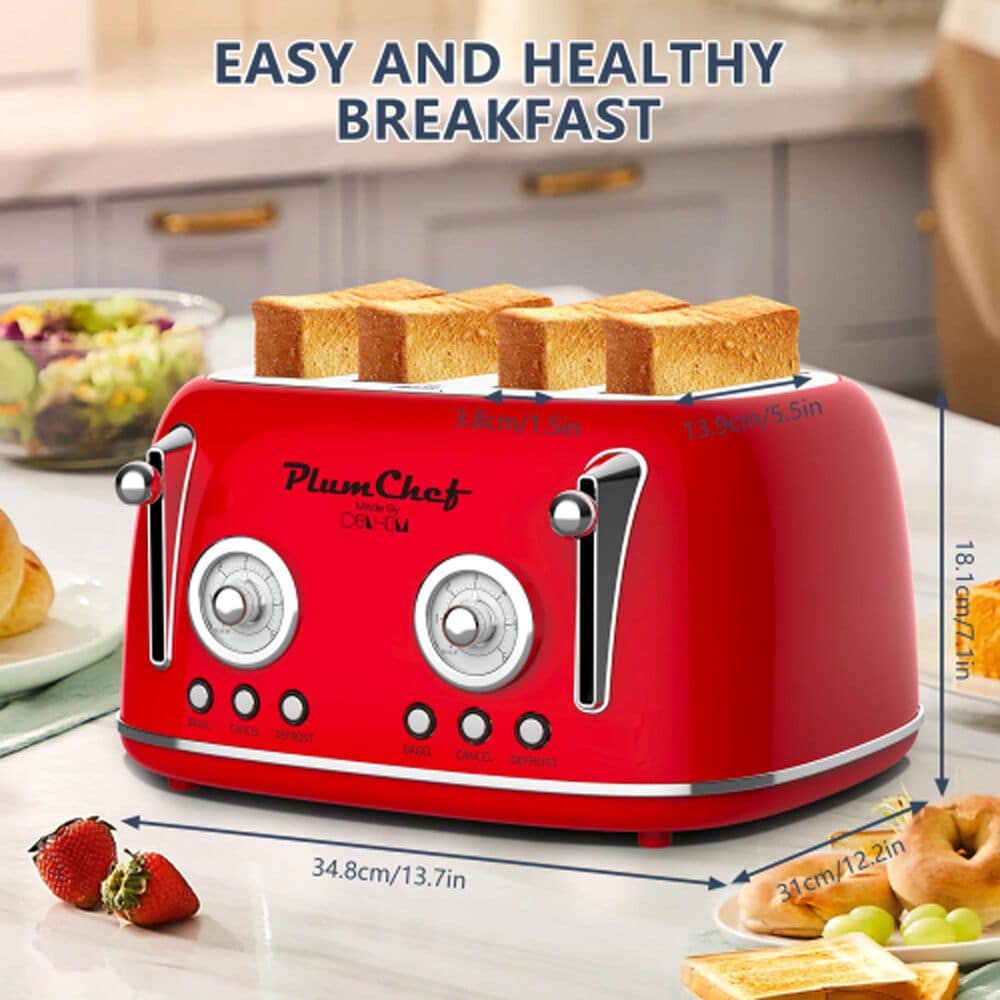 HOMLUX 4-Slice Retro Style Toaster in Red, , large