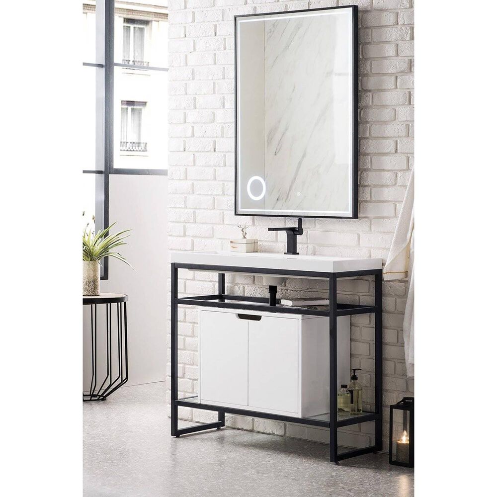 James Martin Boston 395 Single Storage Vanity In Matte Black With White Glossy Resin Countertop Nebraska Furniture Mart