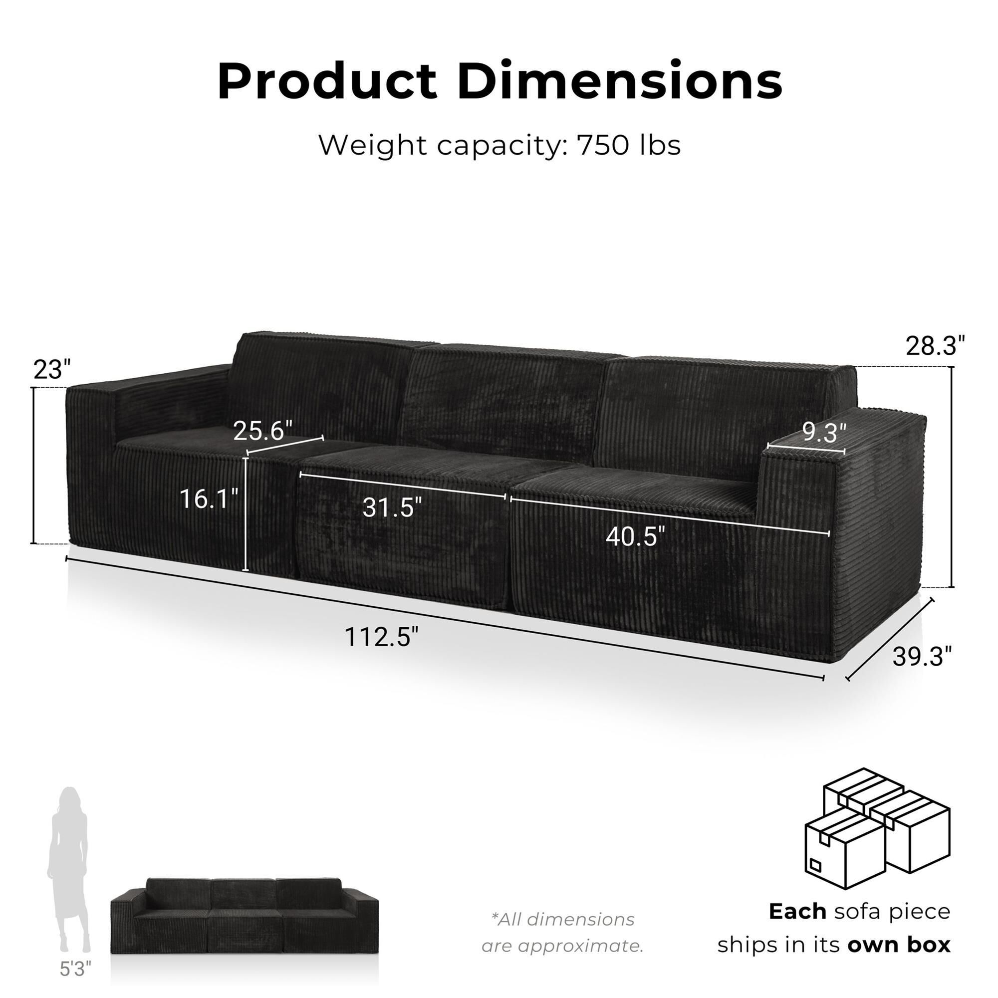 Furniture of America Facil 3-Piece Modular Track Arm Sofa in Black