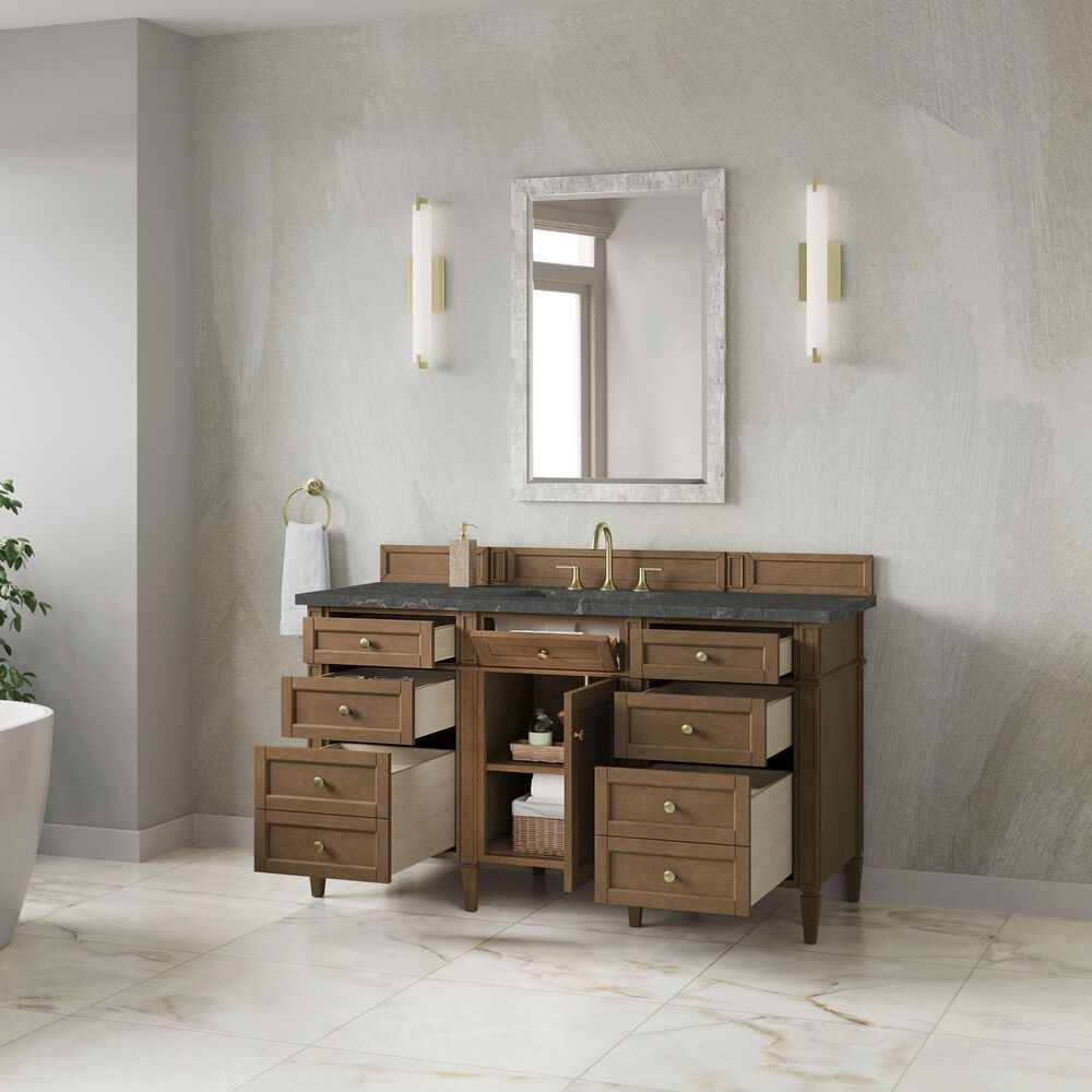 James Martin Brittany 60" Single Bathroom Vanity in Pecan with 3 cm Parisien Bleu Silestone Top, Rectangular Sink and FreePower Wireless Charger, , large