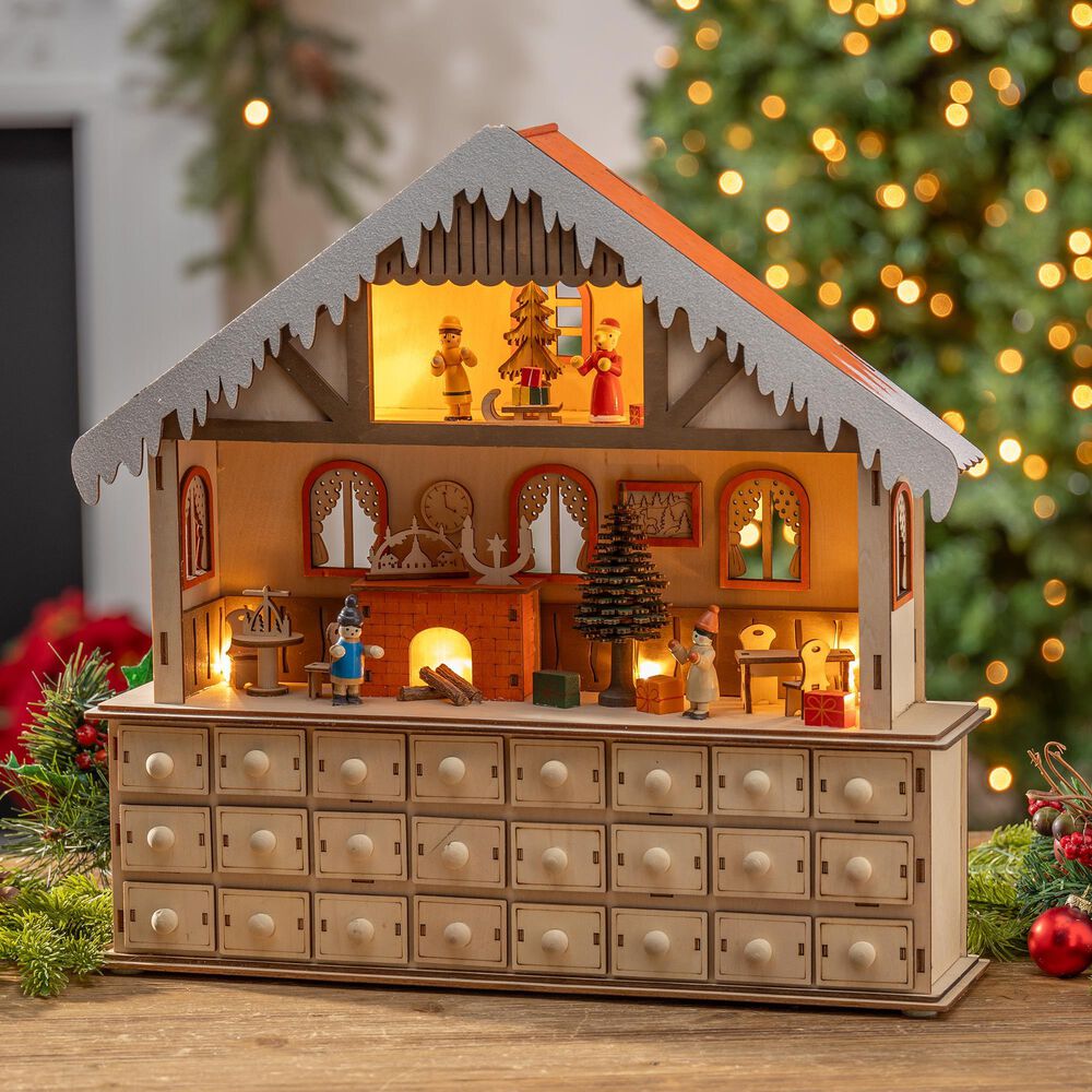 The Gerson Company Lighted Laser Cut Wood Holiday Scene Advent Calendar in Multicolor, , large