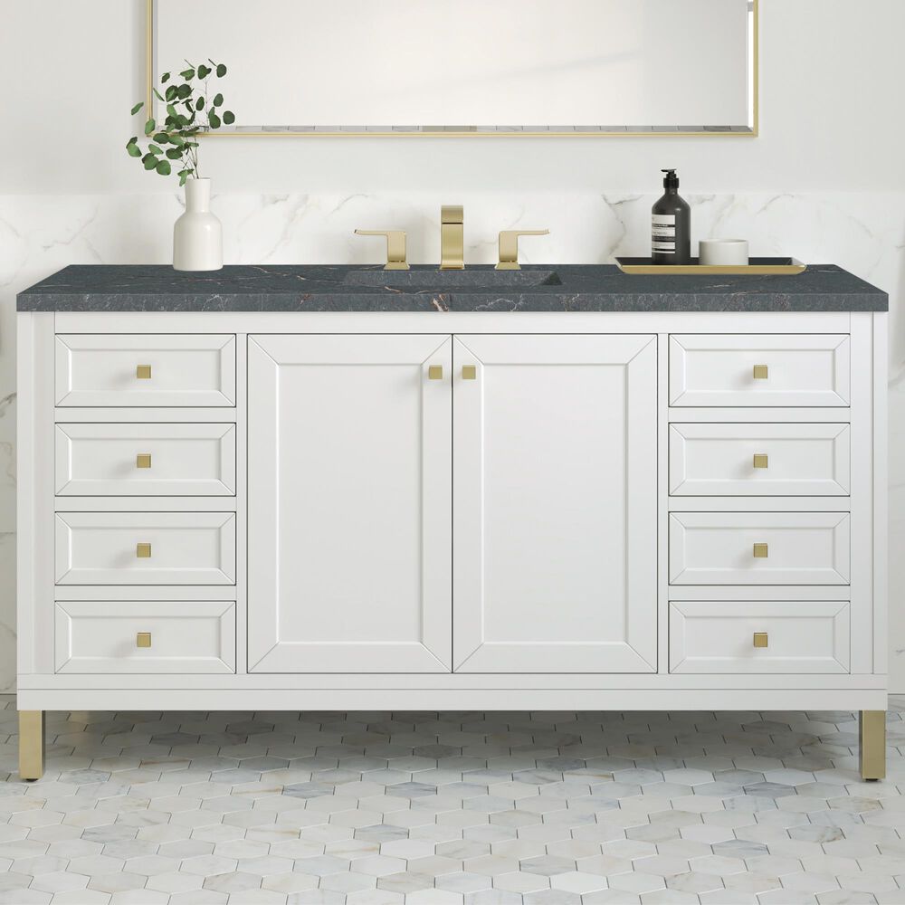 James Martin Vanities Chicago 60&quot; Single Bathroom Vanity in Glossy White with 3 cm Parisien Bleu Quartz Top and Rectangular Sink, , large