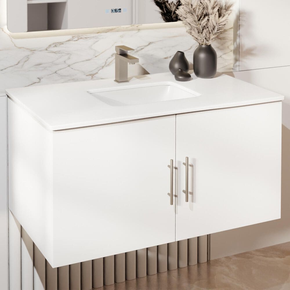 Lexora Home Geneva 36&quot; Single Bathroom Vanity in Glossy White with 2 cm White Cultured Marble Top and Rectangular Sink, , large