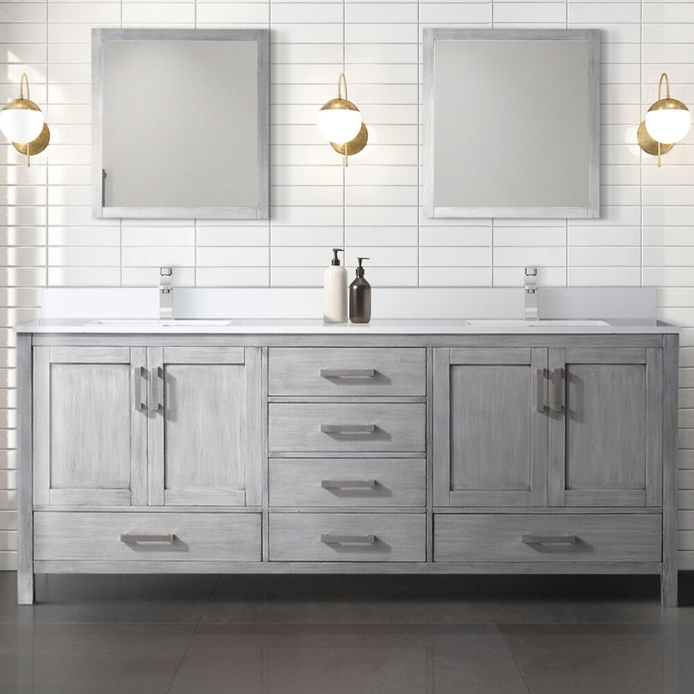 Lexora Home Jacques 80&quot; Double Bathroom Vanity in Distressed Grey with 2 cm White Quartz Top and Rectangular Sinks, , large