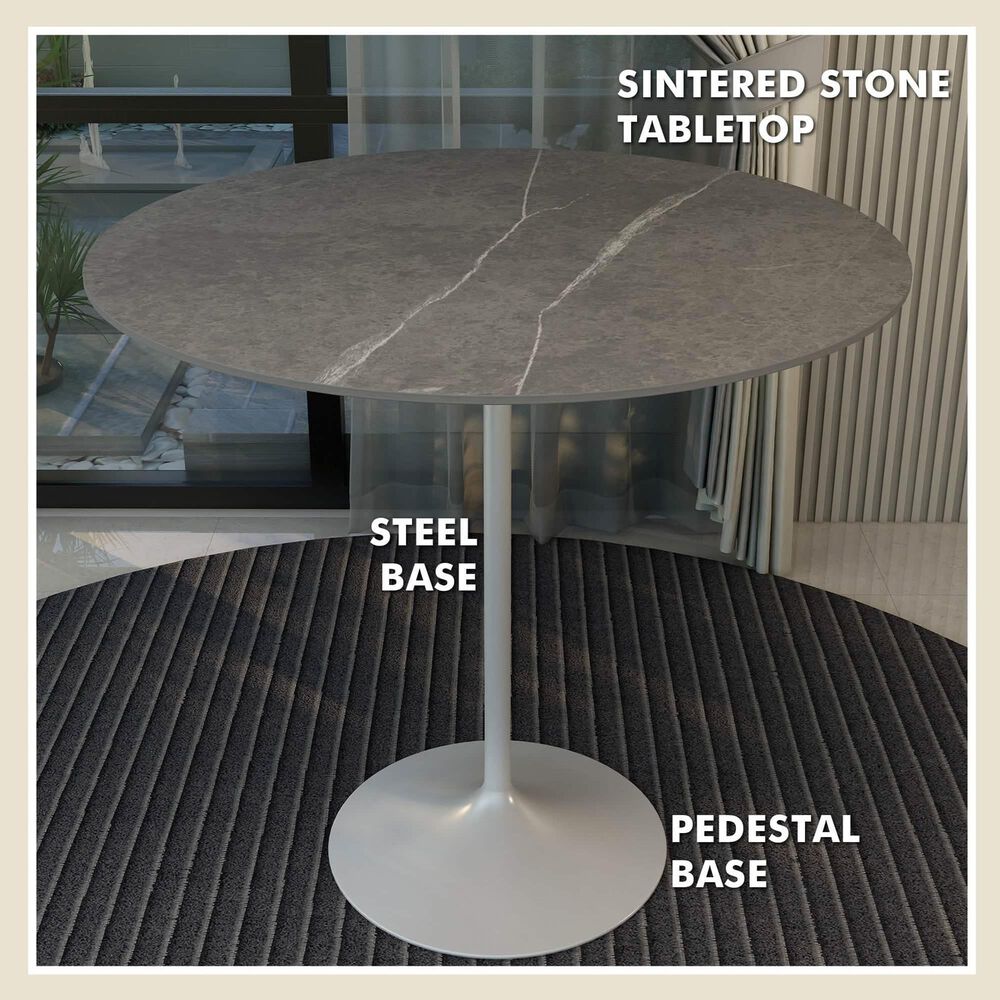 Leisuremod LeisureMod Verve Collection Modern Bar Height Table White Base with 48 Round Marble Grey Sintered Stone Top, , large