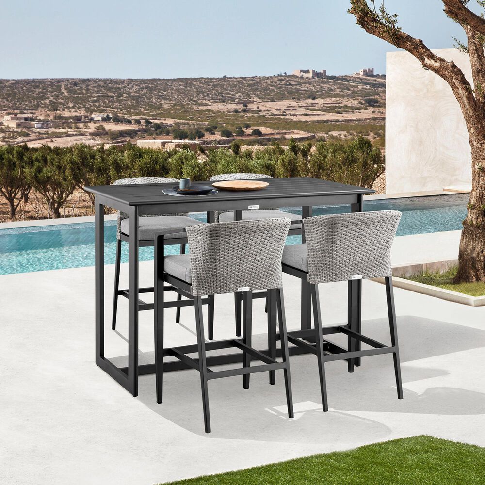 Armen Living Palma Patio Counter Height Bar Stool with Dark Grey Cushion in Black, , large