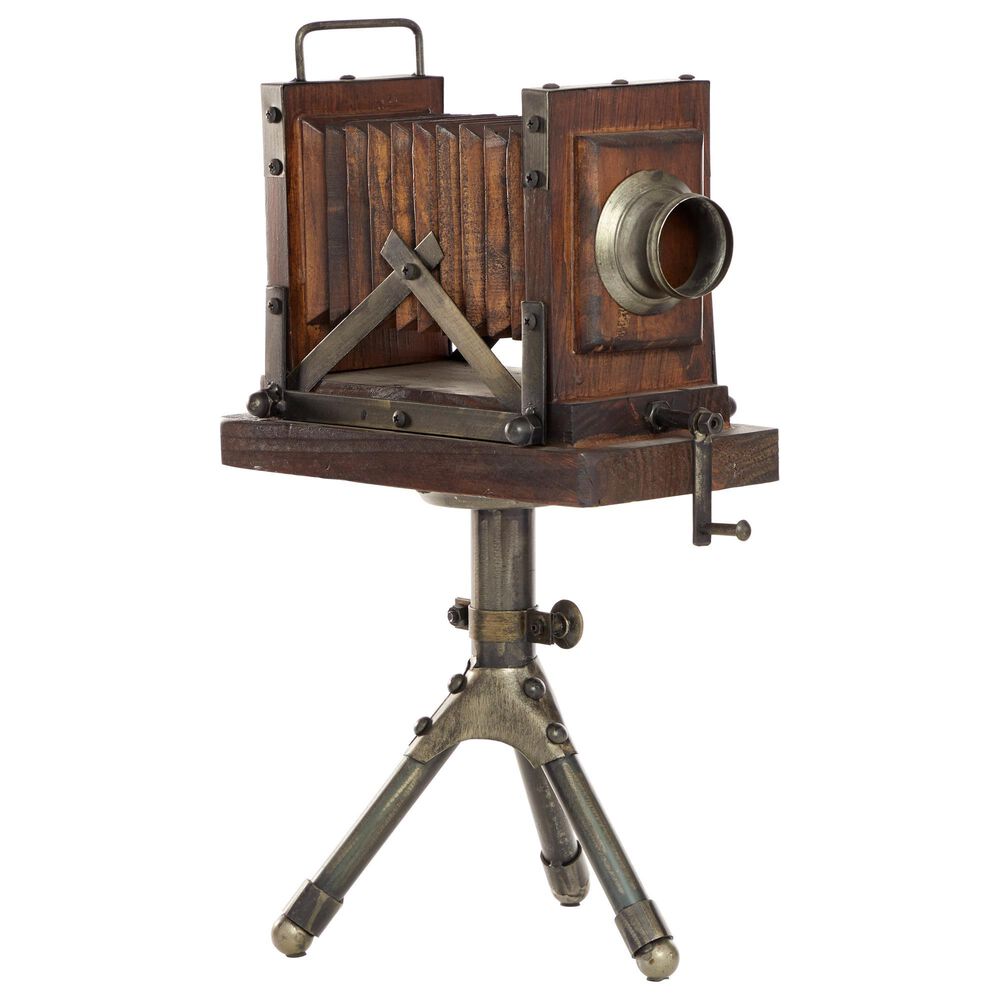 Maple and Jade Vintage Tripod Camera Sculpture in Warm Brown and Silver, , large