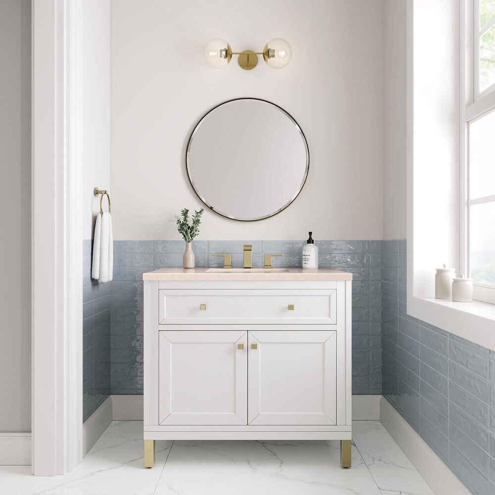 James Martin Vanities Chicago 36&quot; Single Bathroom Vanity in Glossy White with 3 cm Eternal Marfil Quartz Top and Rectangular Sink, , large