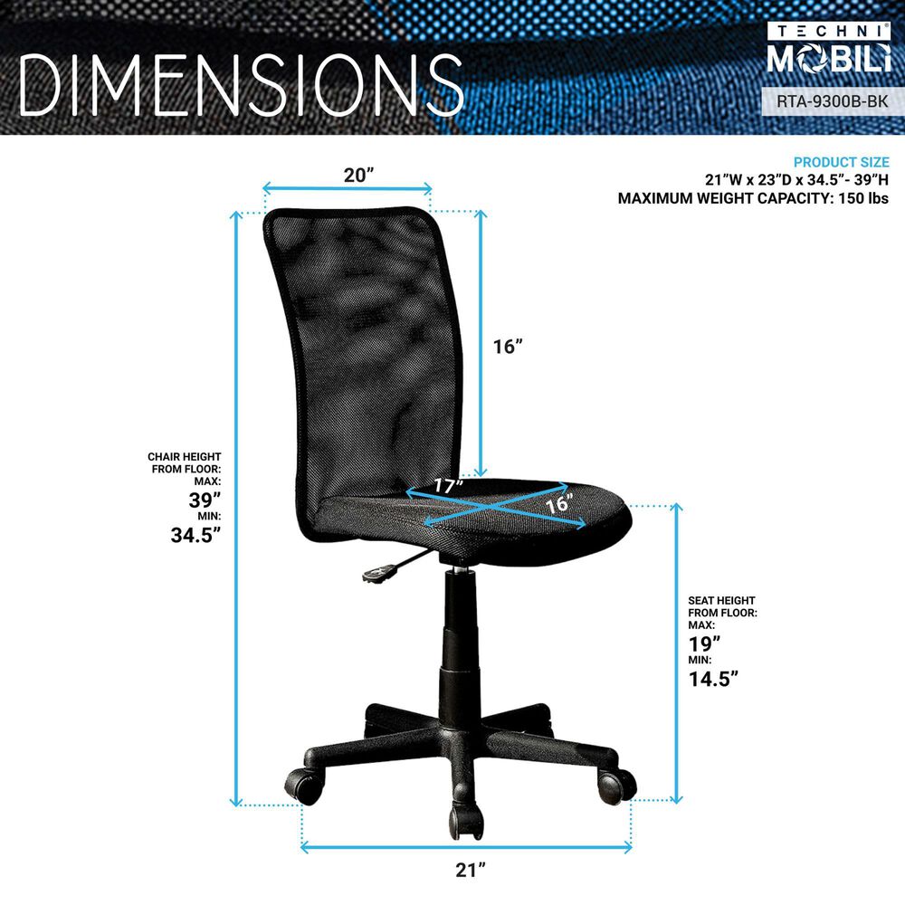 Rta Products Llc Mesh Task Office Chair in Black, , large