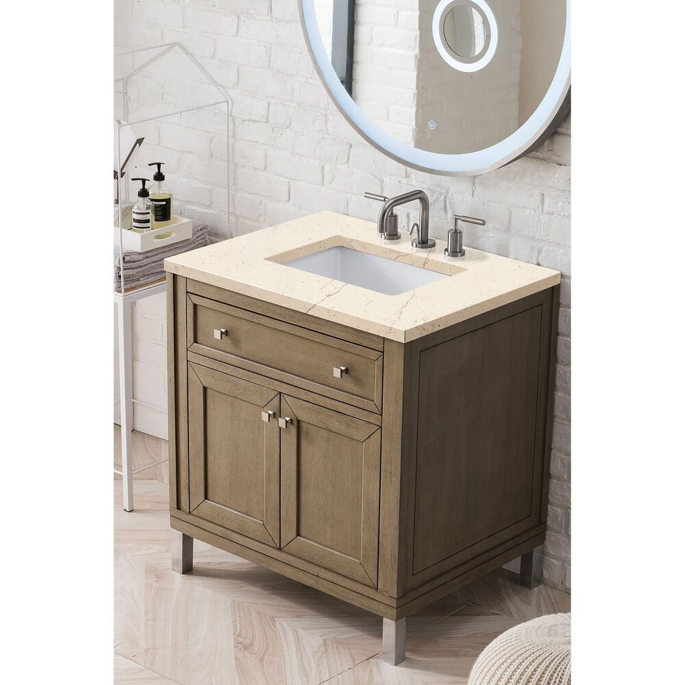 James Martin Vanities Chicago 30&quot; Single Bathroom Vanity in Whitewashed Walnut with 3 cm Eternal Marfil Quartz Top and Rectangular Sink, , large