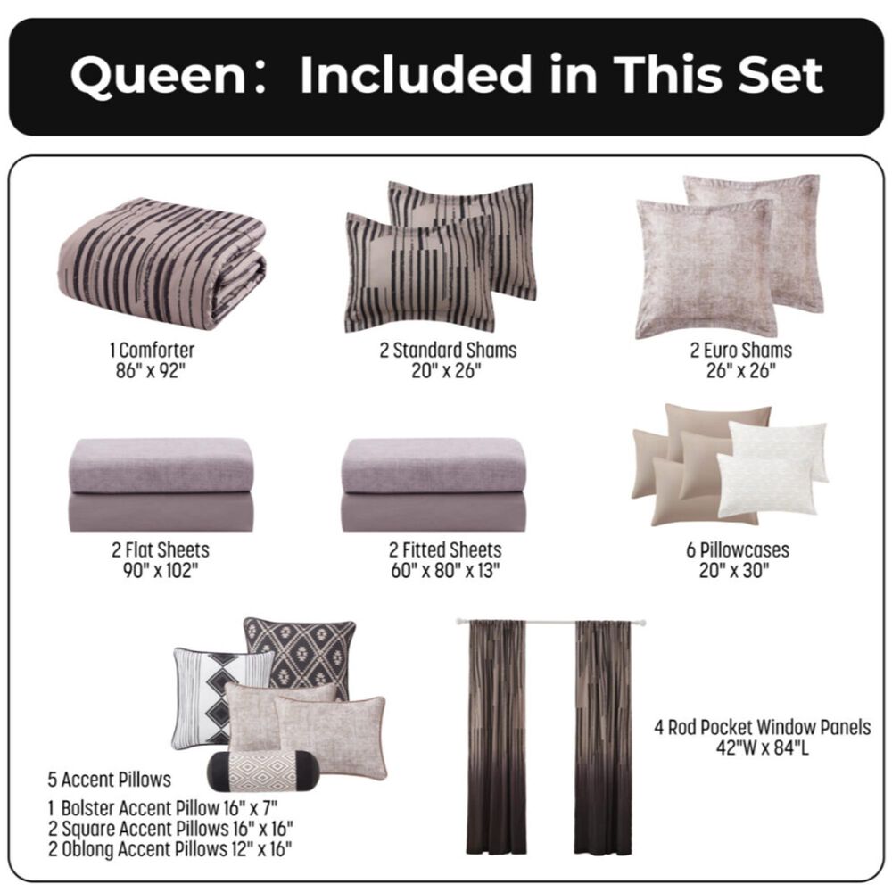 Jiangsu Royal Home Freya Stripe 24-Piece Queen Bed-in-a-Bag Microfiber Comforter Set in Brown, , large