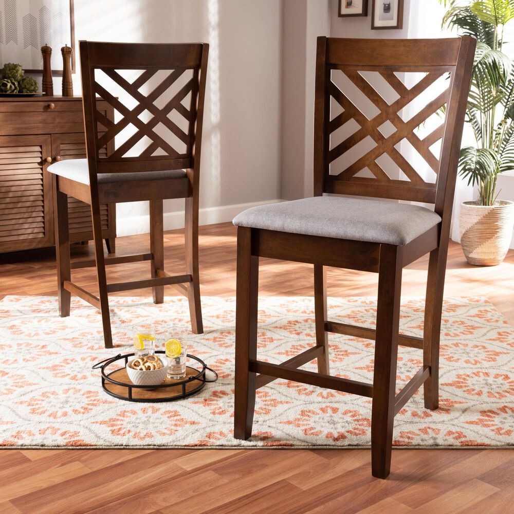 Baxton Studio Caron Counter Height Pub Chair with Grey Cushion in Walnut Brown (Set of 2), , large