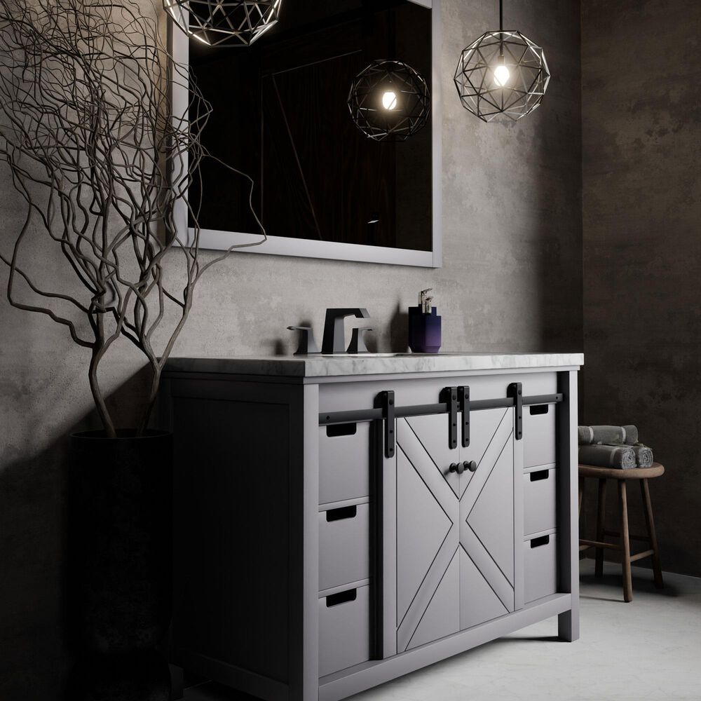 Lexora Home Marsyas 48" Single Bathroom Vanity in Dark Grey with White Carrara Marble Top and Rectangular Sink, , large