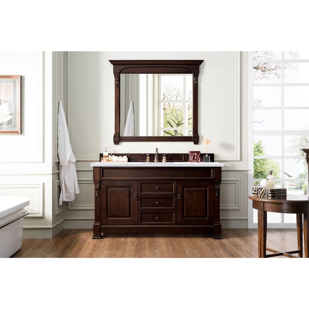 James Martin Vanities Brookfield 60&quot; Single Bathroom Vanity in Burnished Mahogany with 3 cm Arctic Fall Solid Surface Top and Rectangle Sink, , large