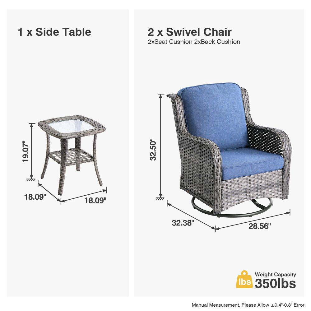HOMLUX 3-Piece Patio Conversation Set with Curved-Arm Swivel Rocking Chairs and Light Gray Wicker in Denim Blue, , large