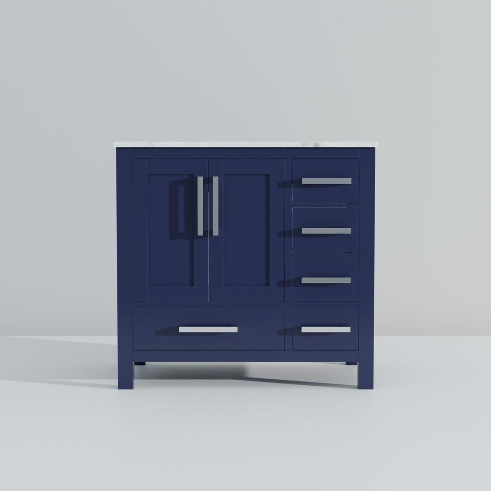 Lexora Home Jacques 36&quot; Left Offset Single Bathroom Vanity in Navy Blue with 2 cm White Carrara Marble Top and Rectangular Sink, , large