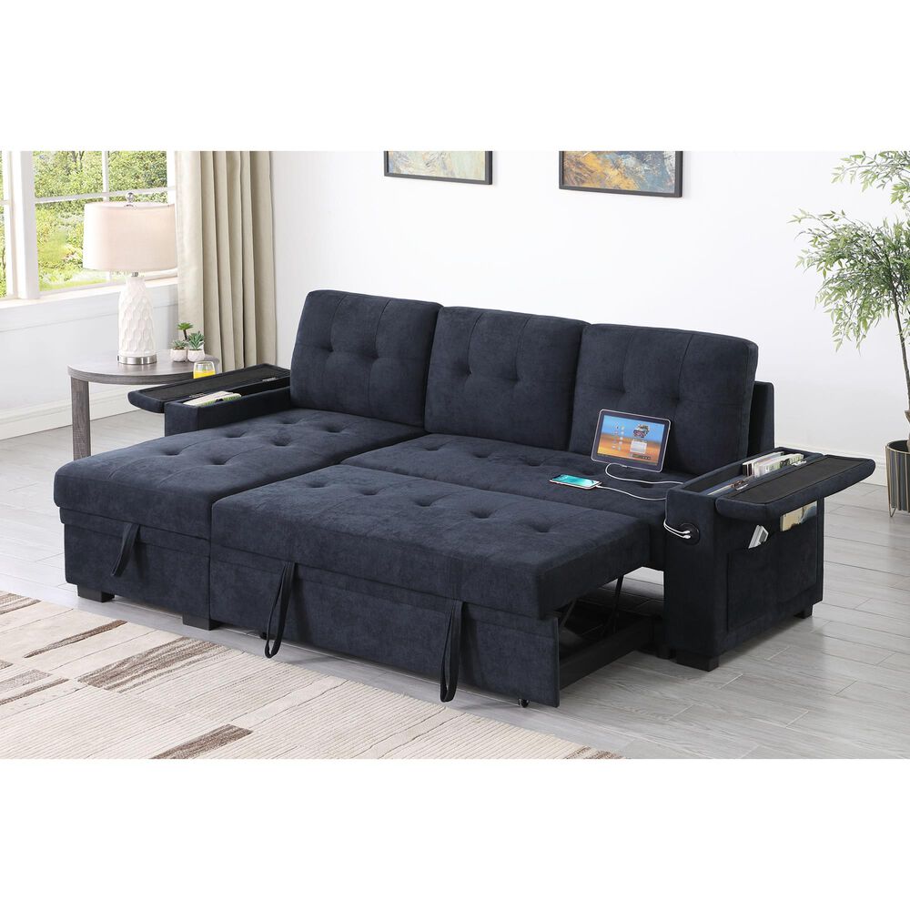 HOMLUX 84"W Reversible Sleeper Sectional Sofa with Storage Chaise, Cup Holders, USB, in Dark Grey, , large