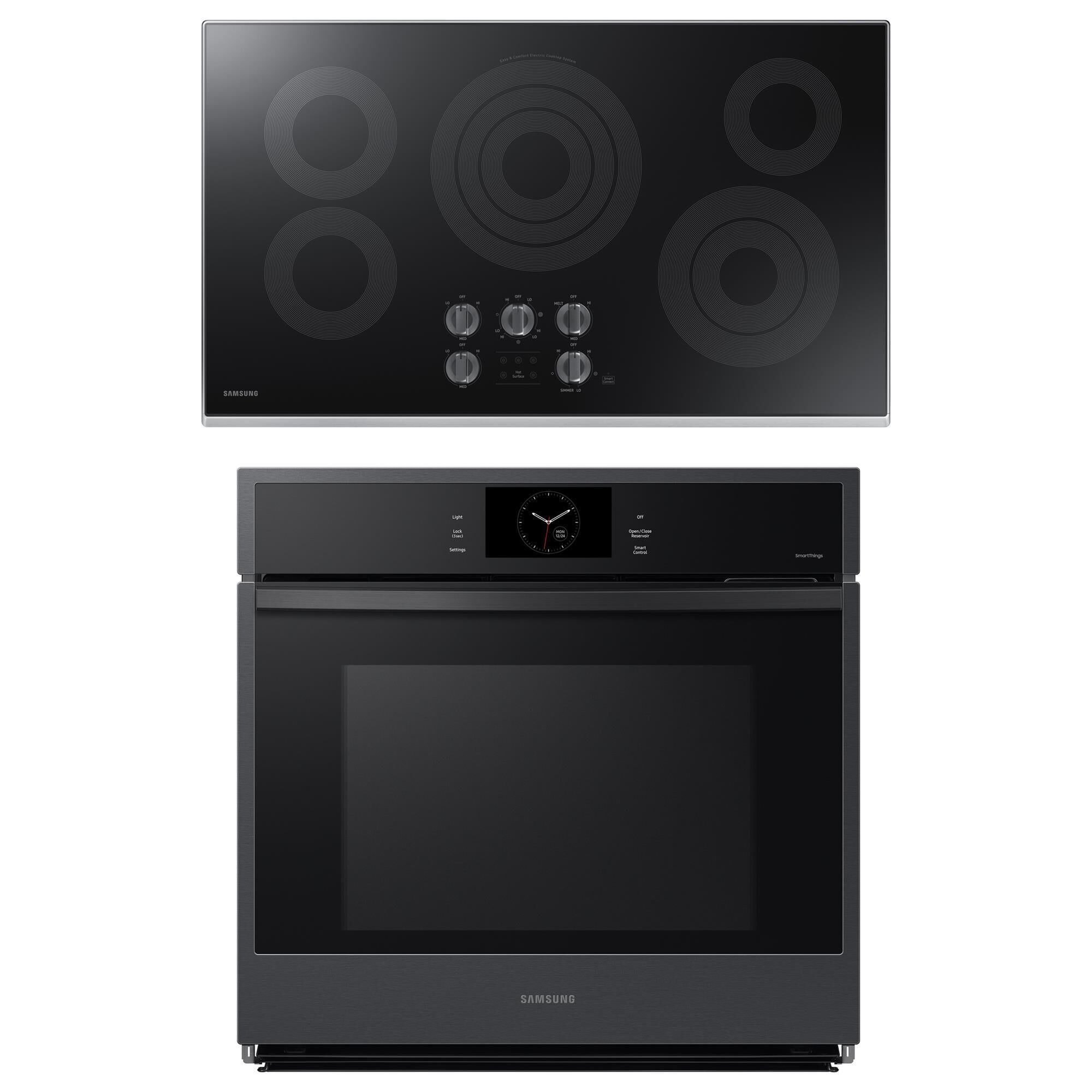 Samsung Appliance 2 Piece Kitchen Package with Matte Black Steel 30 Built In Convection Single Wall Oven and Stainless Steel Smart Electric 36
